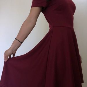 High to low off the shoulder  burgundy dress